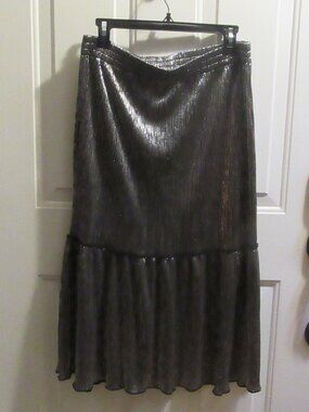 Long black silver lightweight crinkle pleat skirt with ruffle hem Size S